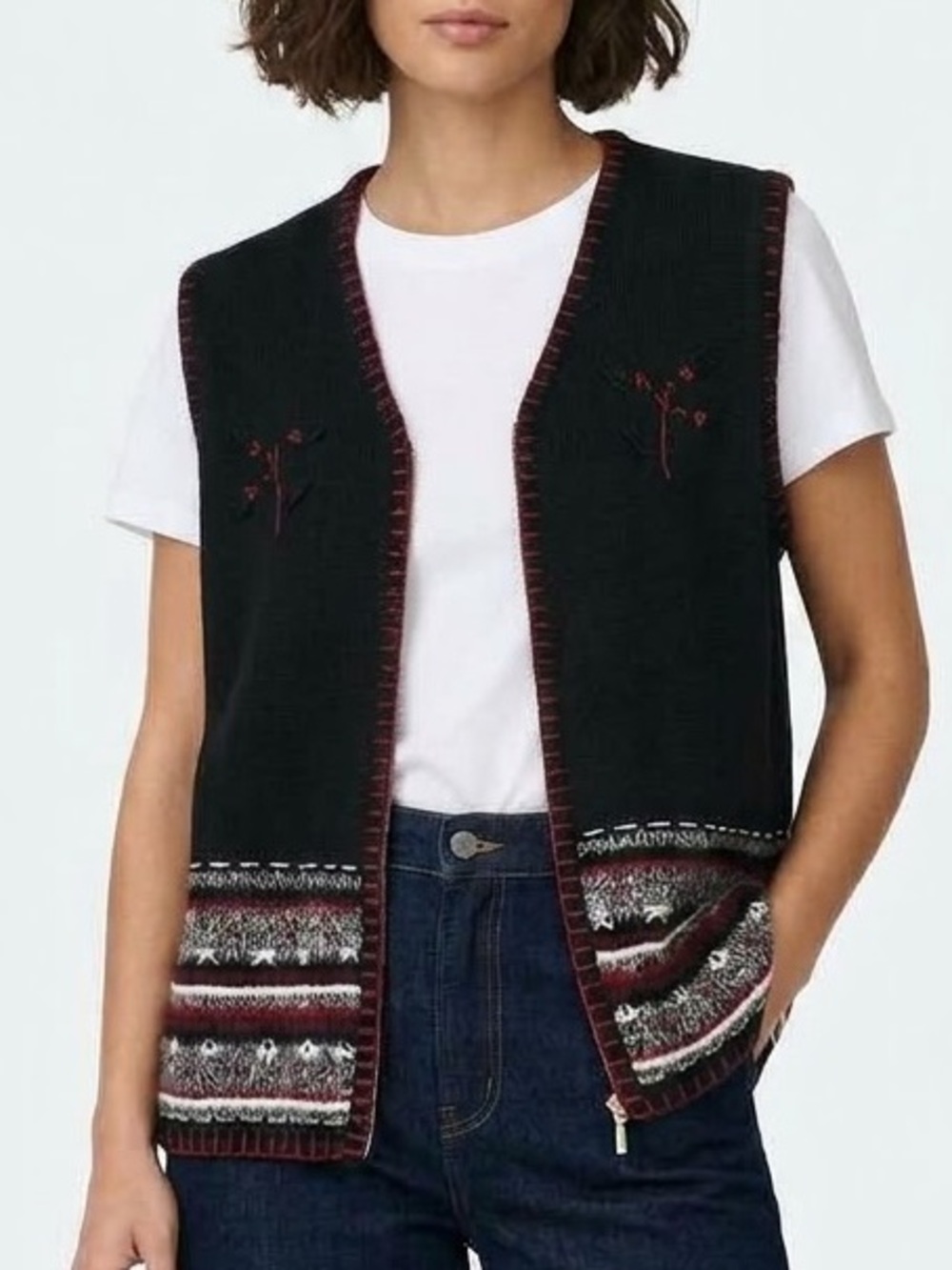NORTHERN REFLECTIONS Black Hand Embroidered Knit Cardigan Vest Zipper Sz Large